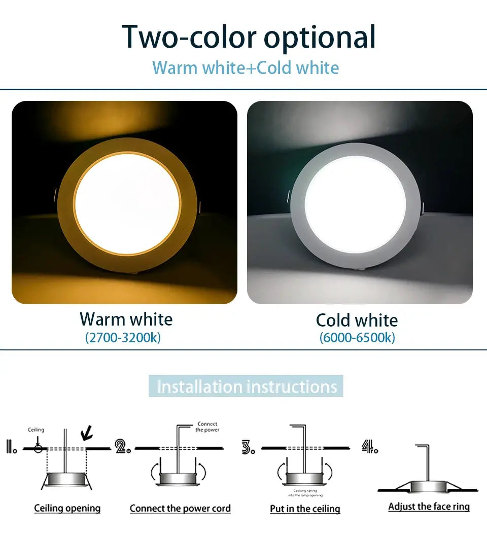 LED downlight recessed round ceiling lamp by Simples Market; warm white and cold white, 2-pack