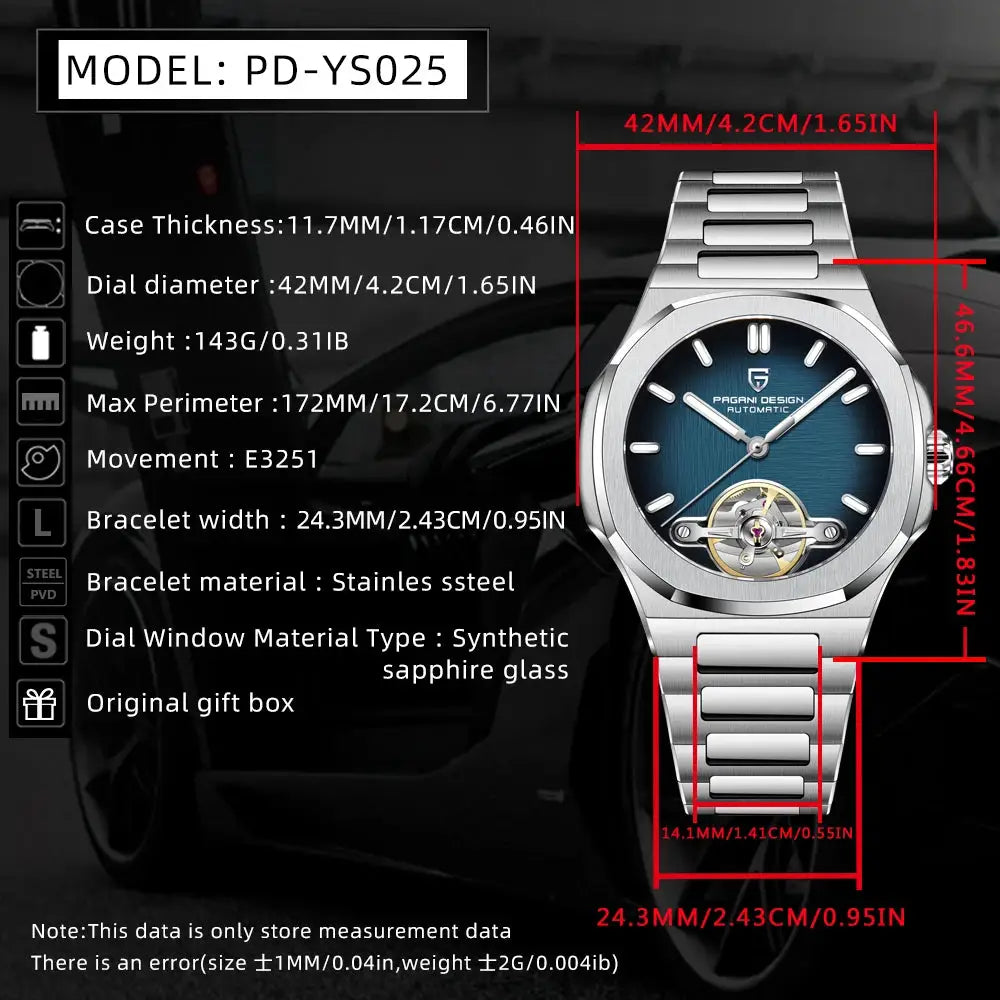 PAGANI DESIGN Skeleton Tourbillon Automatic Mens Watch Luxury Stainless Steel Wristwatch With Sapphire Crystal