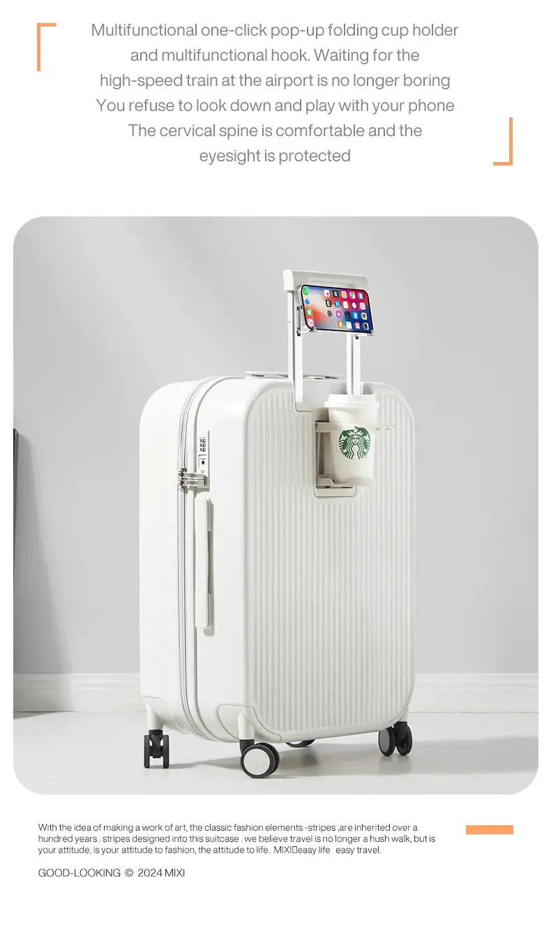 Mixi white hard-shell carry-on suitcase by Simples Market with cup holder and phone stand, spinner wheels