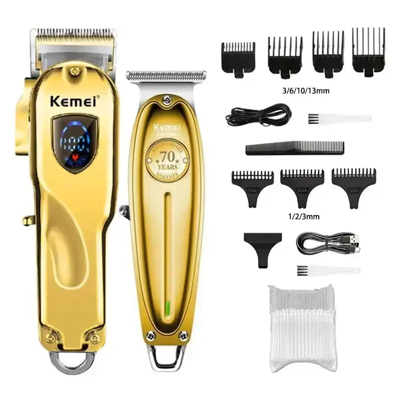 Kemei KM-TX1 professional metal-body hair clipper kit in gold and silver with multiple guard combs, USB charging cable, and cleaning brush