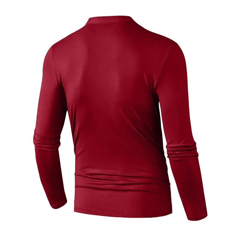 Men's red stand-collar half-zip long-sleeve pullover shirt, casual slim-fit top