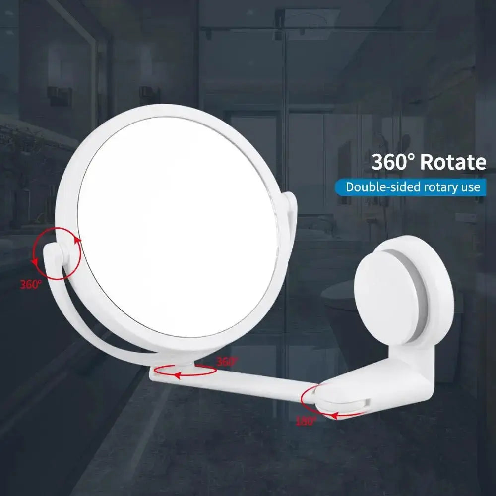 Rotating round plastic vanity mirror by Simples Market with folding arm and wall mount, white, 360° rotation.