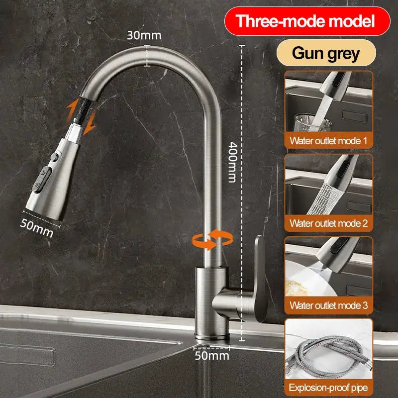 Stainless steel kitchen pull-out faucet by Simples Market, gun-gray finish with three-mode spray