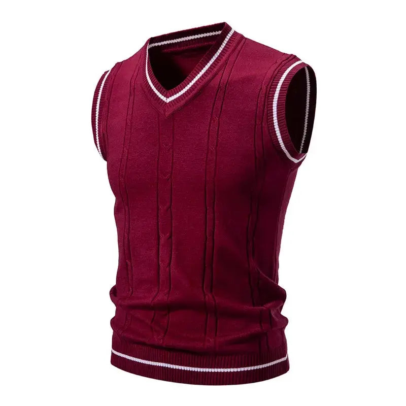 Men's maroon knit sleeveless V-neck vest with cable pattern and white trim, Simples Market