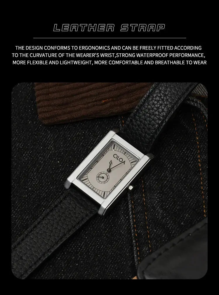 CILOA square casual watch with black leather strap