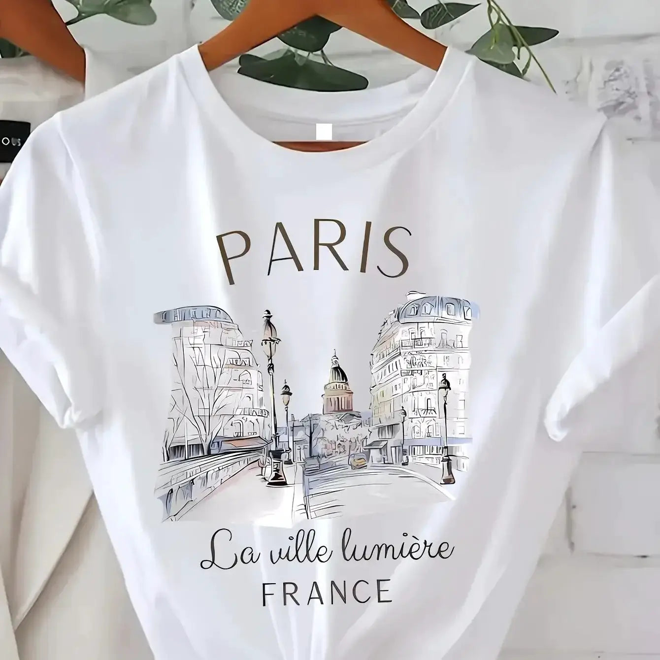 90s Paris Print T Shirt For Women Short Sleeve Crew Neck Casual Top Spring Summer Vintage Tee