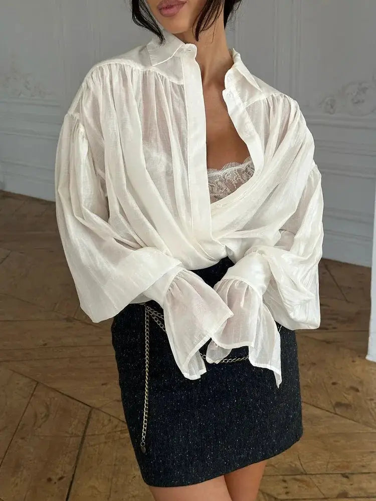 Tossy Casual See Through Blouse Patchwork Long Sleeve Lapel Collar Women Autumn Streetwear Top