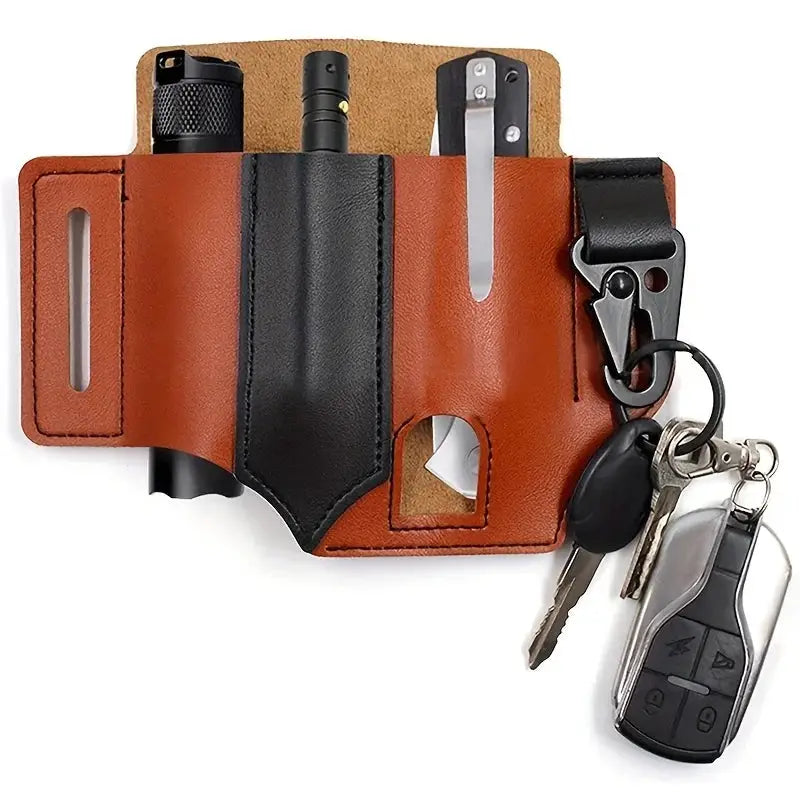 Brown PU leather multitool belt holster with black center panel and multiple pockets for tools, flashlight and keys