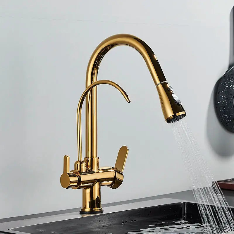Gold pull-out kitchen faucet with dual handles, deck-mounted, spray head releasing water into sink.