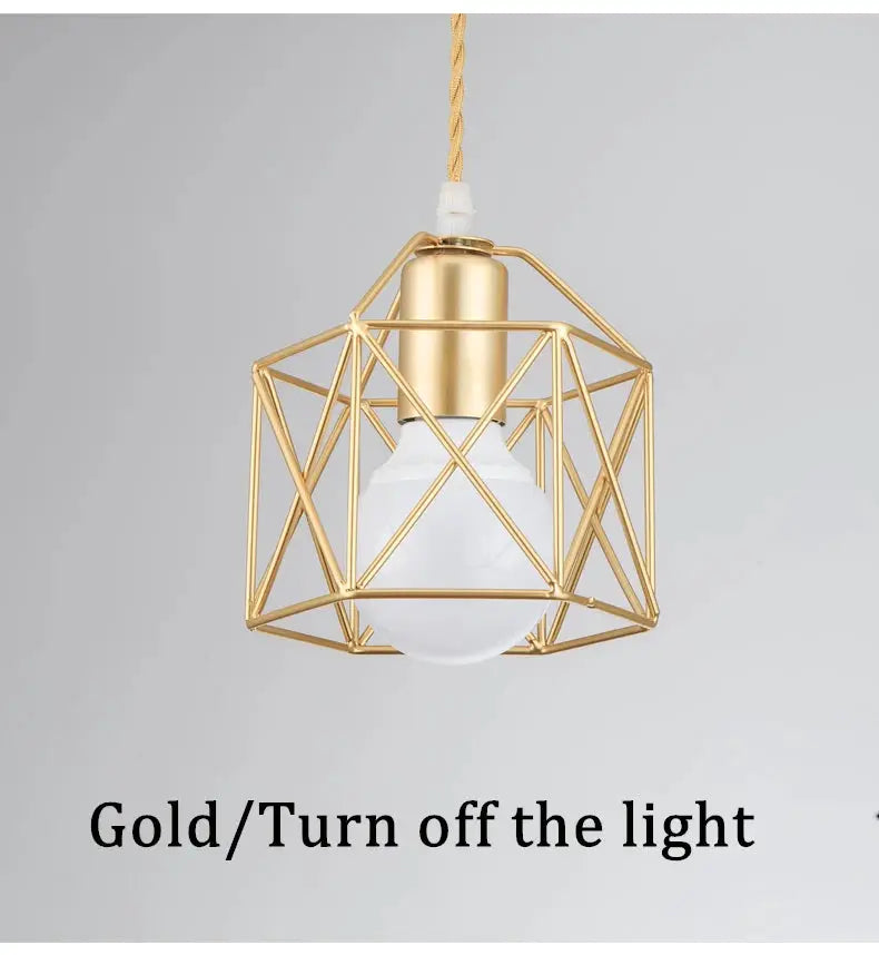 Pendant light gold geometric metal cage with white LED bulb by Simples Market