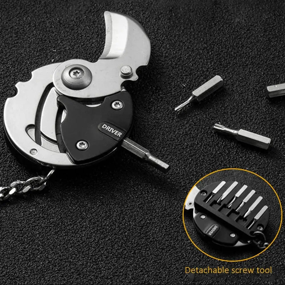 Multifunctional silver keychain screwdriver with hexagon coin tool and detachable bits by Simples Market