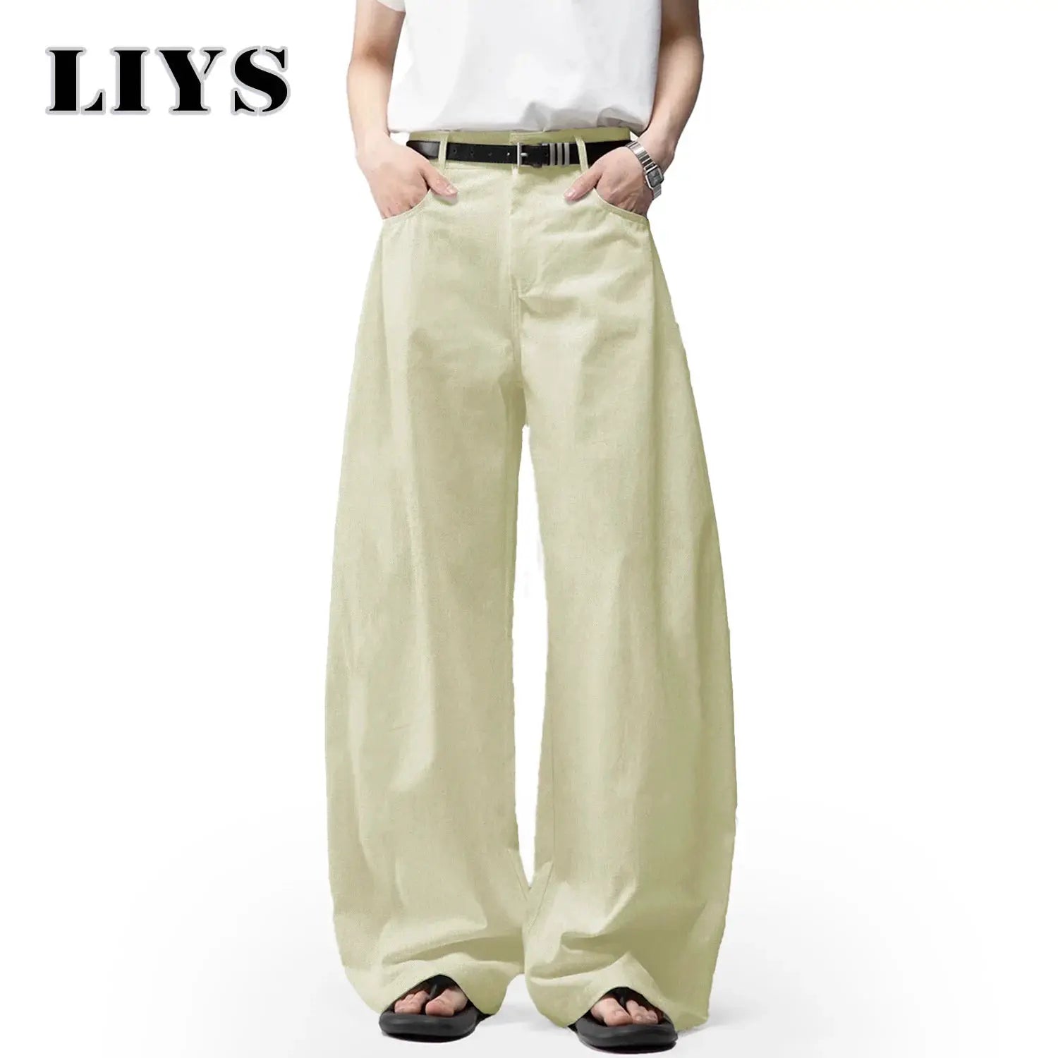 Men's wide-leg beige pants with belt, casual baggy trousers from LIYS