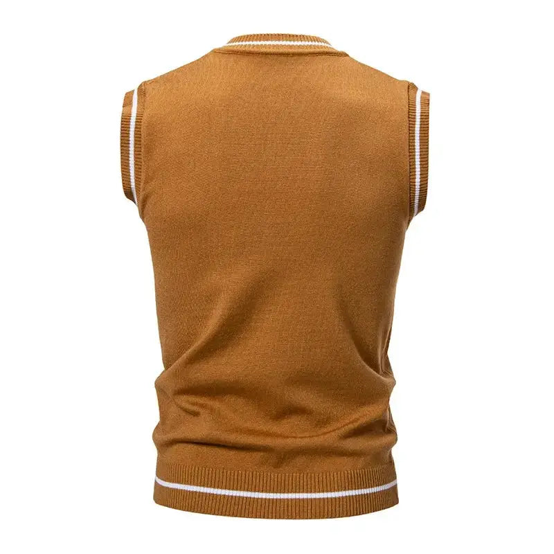 Simples Market men's sleeveless knit vest in camel brown with white striped trim.