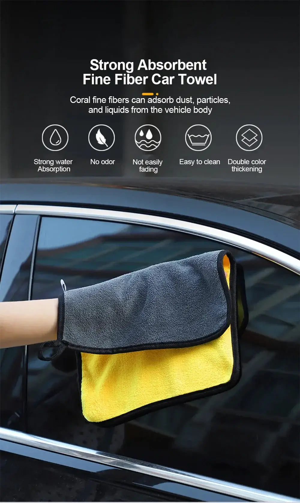 Simples Market car wash microfiber towel, gray with yellow underside, thick absorbent auto cleaning cloth