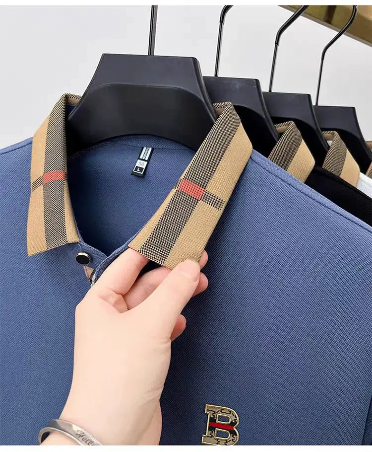 Men's blue polo shirts from Simples Market with beige plaid collars, silk-cotton blend, logo detail (4-pack)
