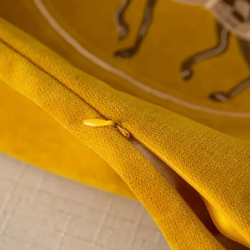 Cushion cover 45x45 cm, yellow hand-embroidered horse-pattern with zipper, Simples Market.
