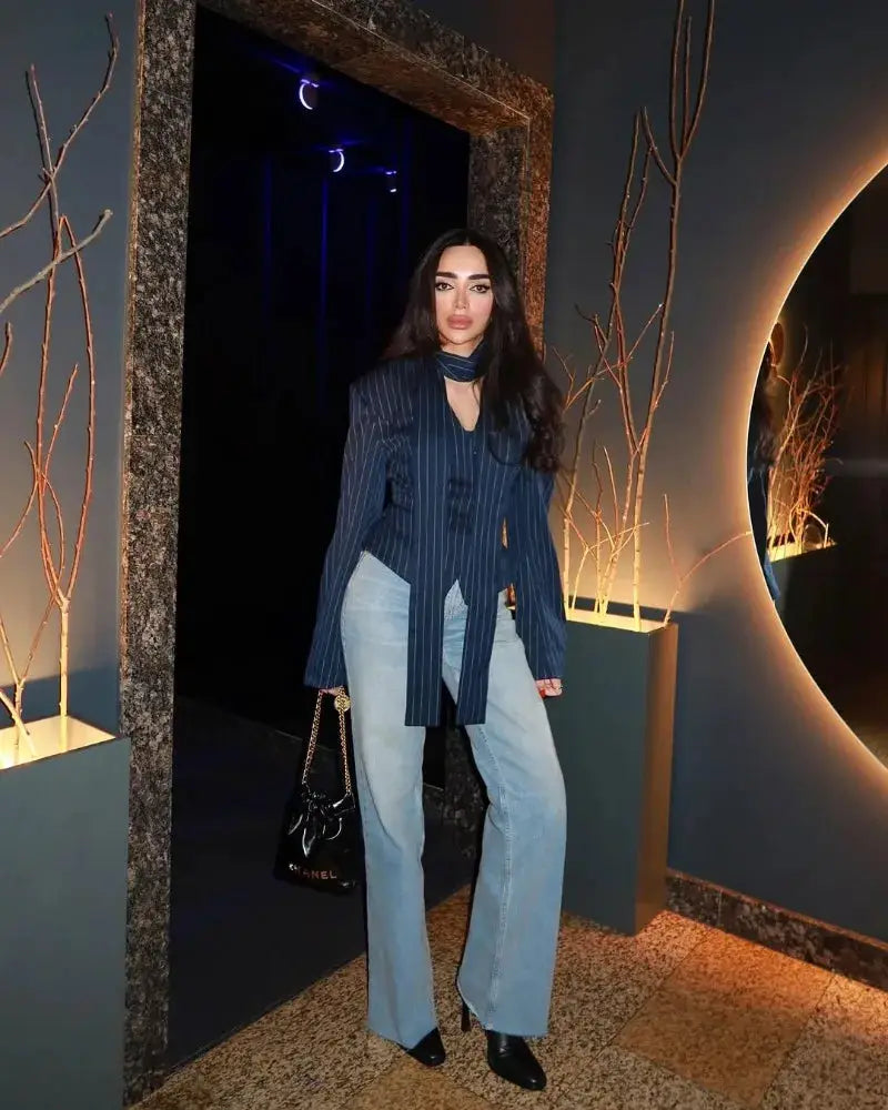 Trendix Elegant Blazer 2 Piece Set by Simples Market; navy pinstripe blazer with scarf, paired with light-wash jeans