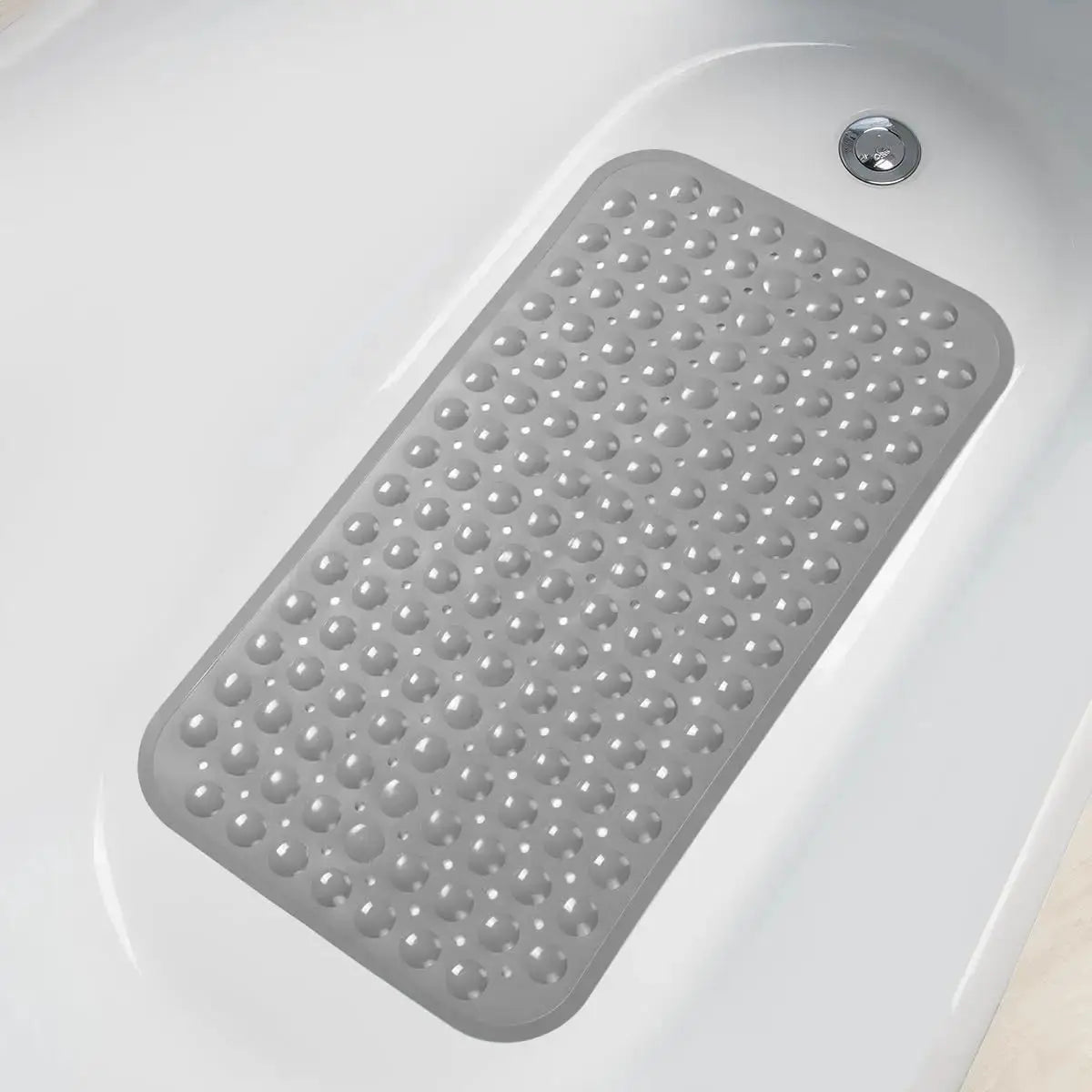 Gray PVC non-slip bath mat with raised grip dots for shower and bathtub use, 15x27.6in