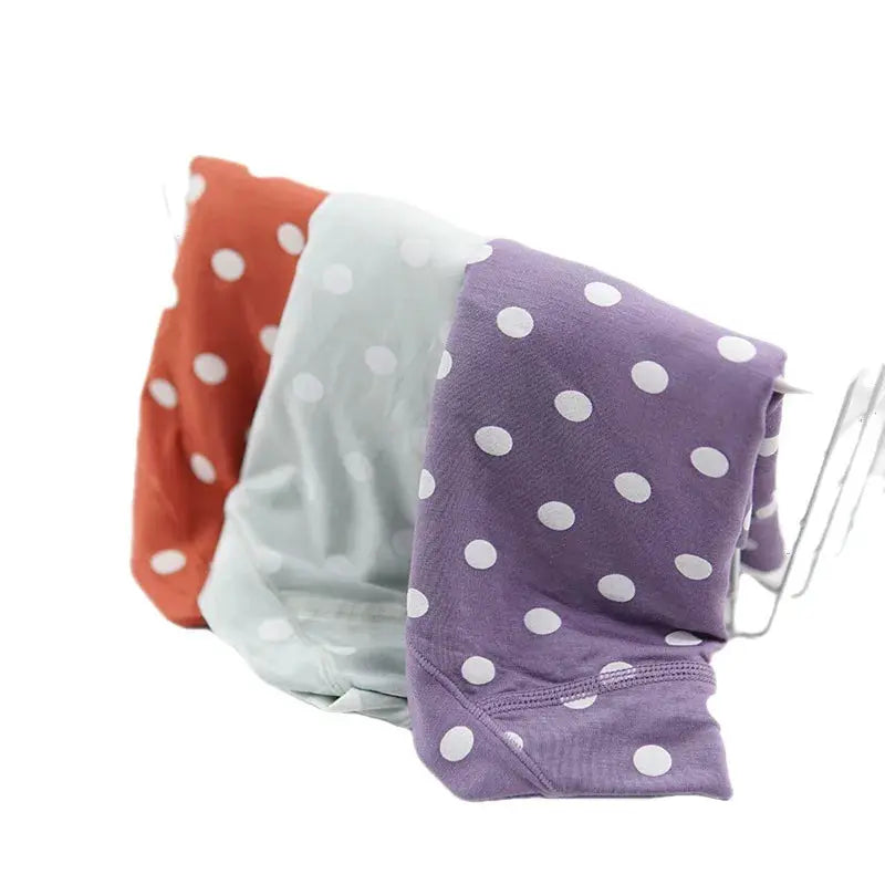 Large size polka dot modal panties set of 3 in purple, mint, and orange; high-waist boyshorts with cotton crotch