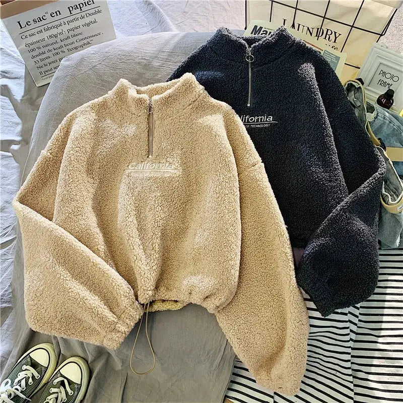 VelvetAura Women Stand Neck Fleece Cropped Hoodie With Letter Embroidery For Elegant Velvet Plush Warmth