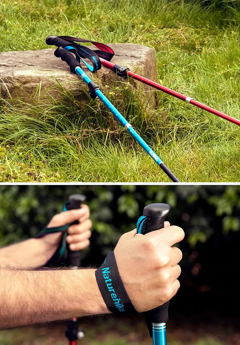 Naturehike trekking poles; ultralight folding aluminum shafts in blue and red with black handles and blue wrist straps (3 pcs shown)