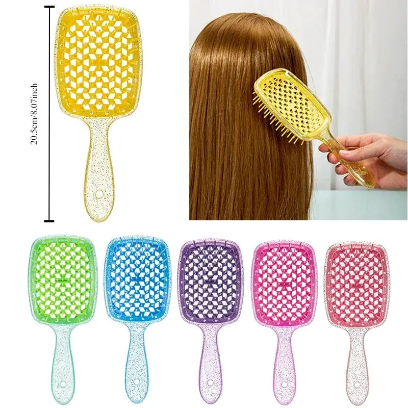 Detangling hair comb brush by Simples Market; hollow-out lattice head, six-color variants.