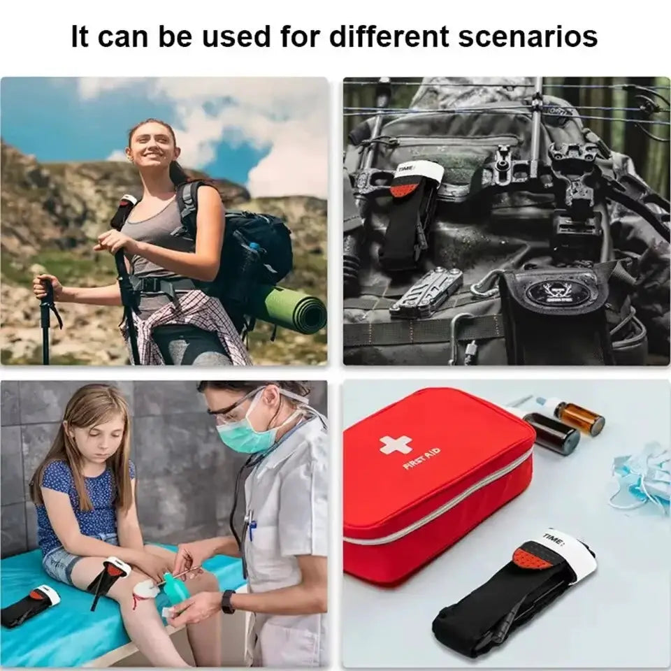 Tourniquet medical emergency kit by Simples Market with pen; black tourniquet and red first aid case