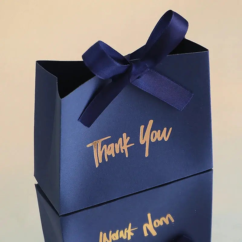 Set of 10 navy blue mini gift boxes with gold Thank You text and satin ribbon bow by Simples Market