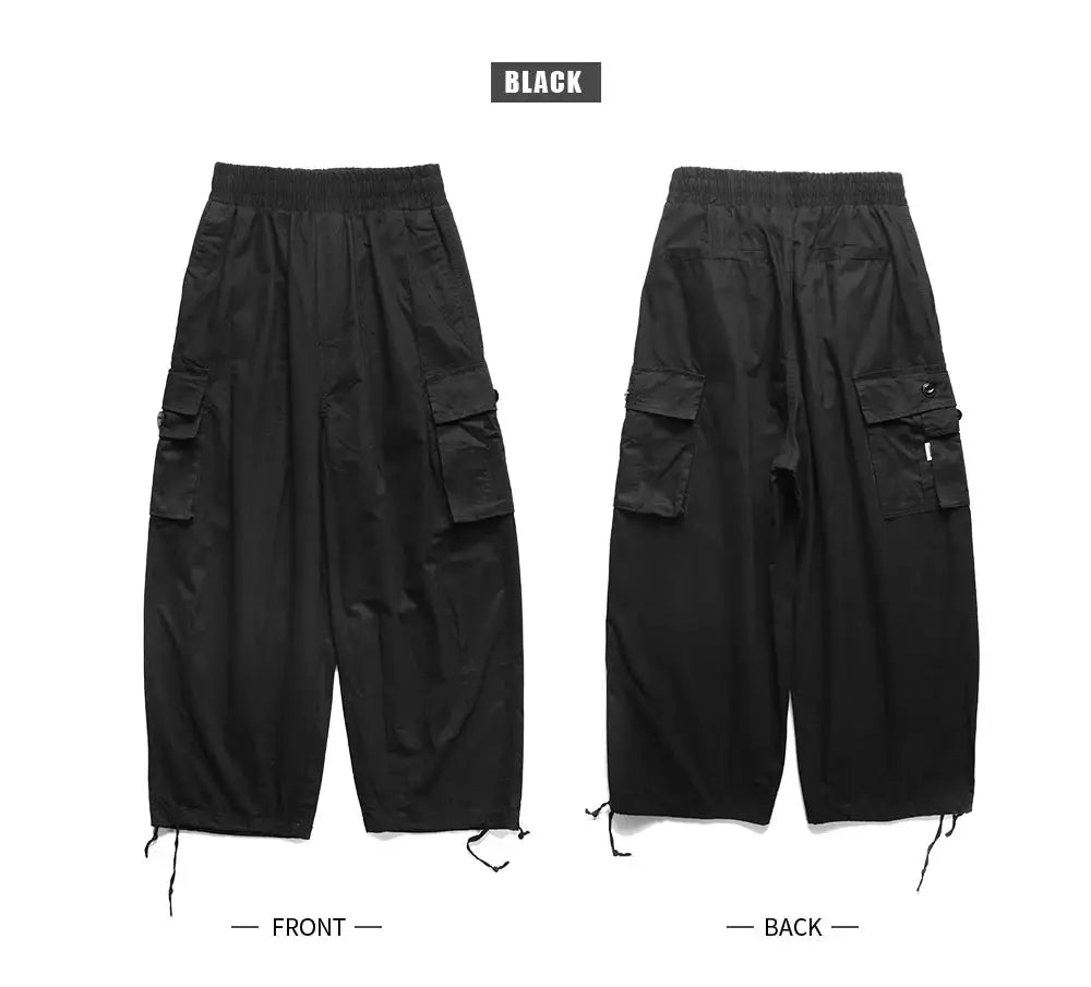 Simples Market men's black cargo pants, multi-pocket oversized baggy wide-leg joggers, front and back views