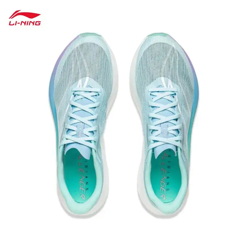 LI-NING Feidian 5 Challenger men's running shoes, light blue mesh uppers with teal accents, pair