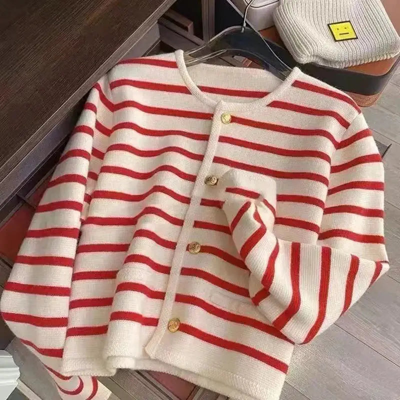 Brand Women Striped Knitted Cardigan O Neck Single Breasted Cropped Long Sleeve Chic Casual Sweater
