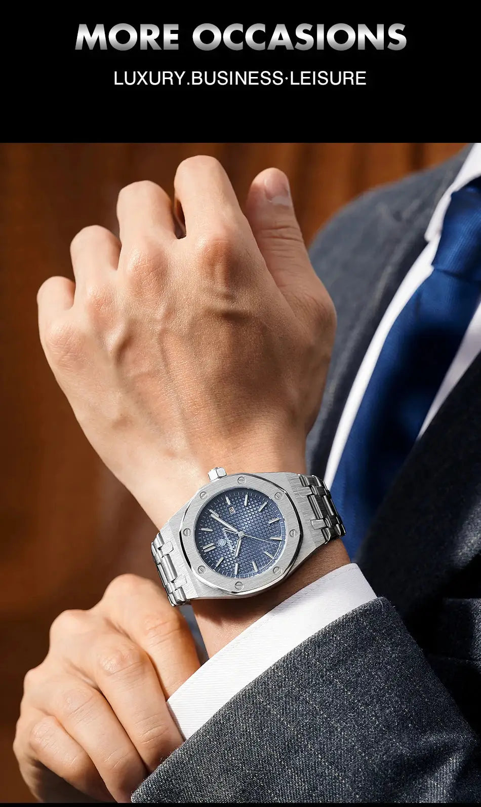 PAAZOMU luxury square men’s quartz watch with blue dial and stainless steel bracelet on a suited wrist