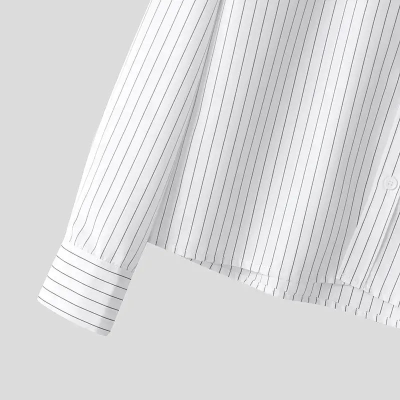Men's white striped long-sleeve shirt with button placket