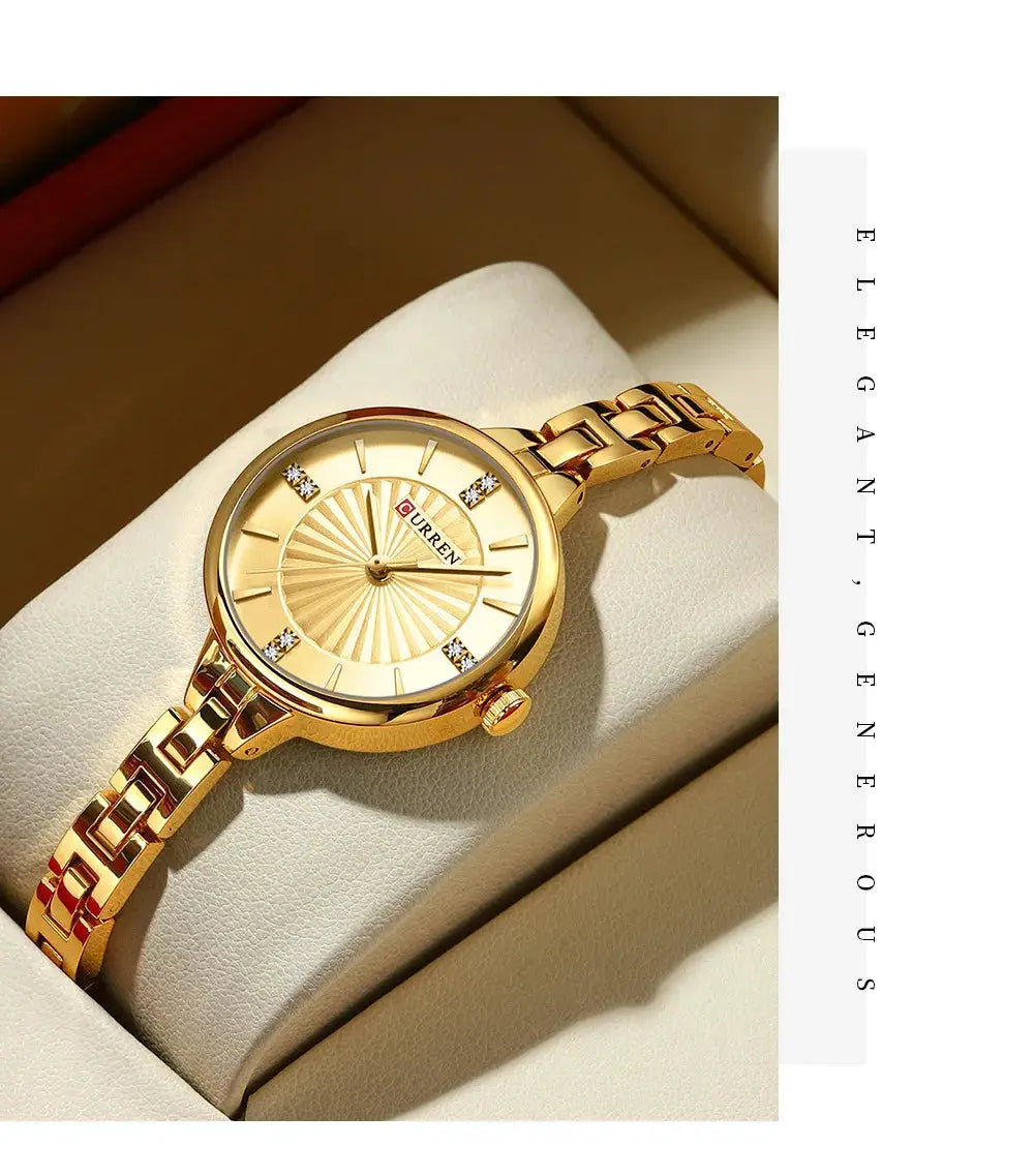Curren 9097 women's quartz watch with gold stainless-steel band and sunburst dial, waterproof
