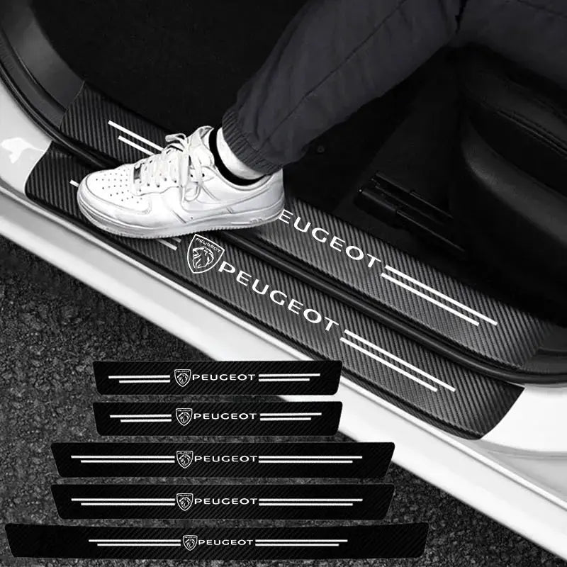 Peugeot door sill protectors set of 5 in carbon-fiber look with Peugeot logo.