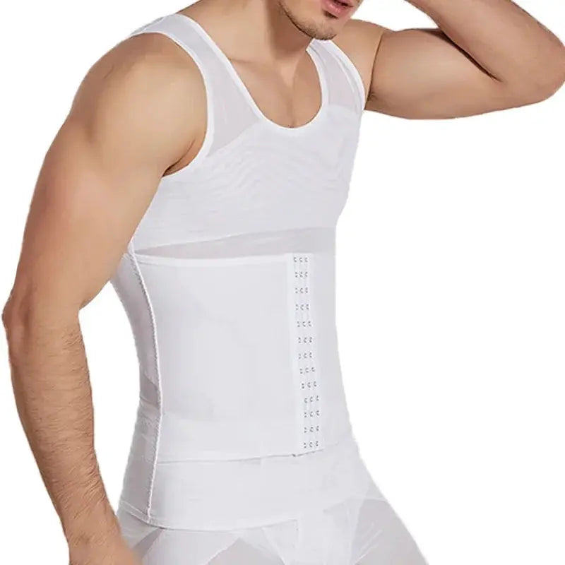 Men's body shaper compression vest with front-hook closure waist trainer, white