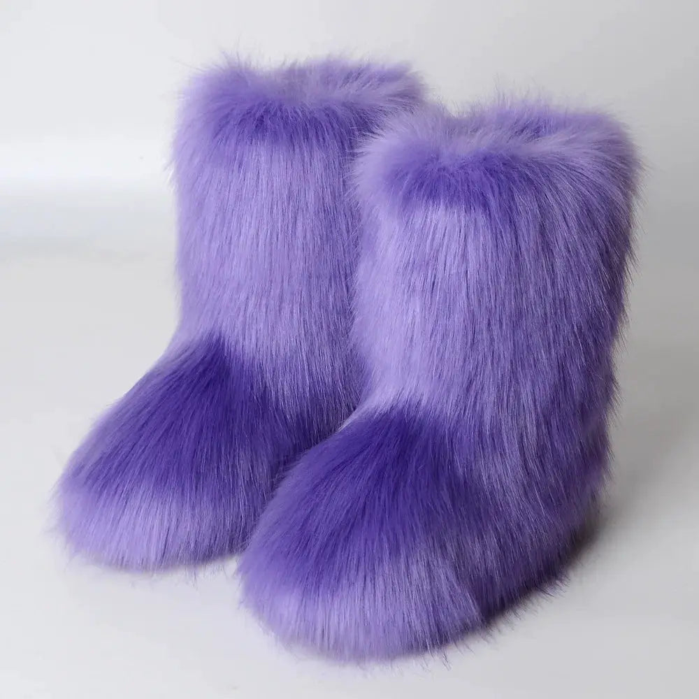 Women's Winter Snow Boots With Plush Faux Fox Fur Mid Calf Warm Platform Shoes For Cold Weather Outdoor