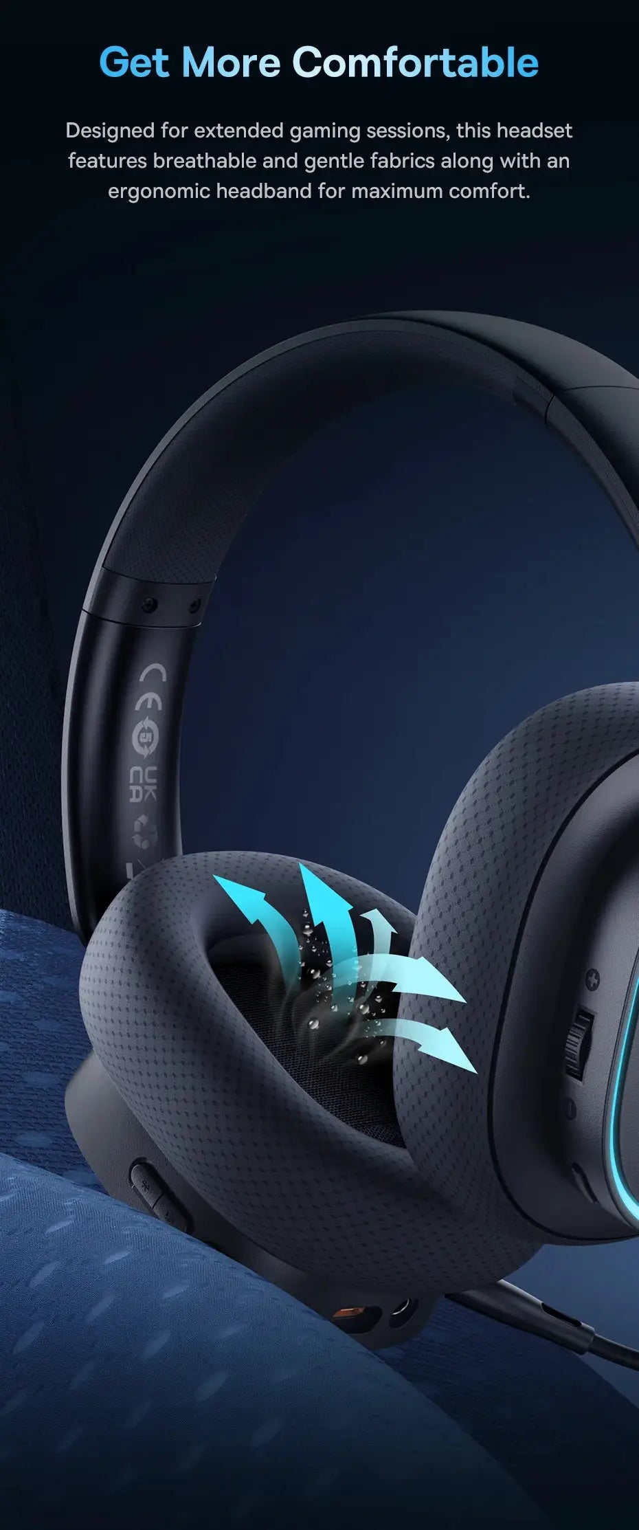 Baseus GH02 gaming wireless headset with mic, over-ear, black with blue LED accents and breathable cushions