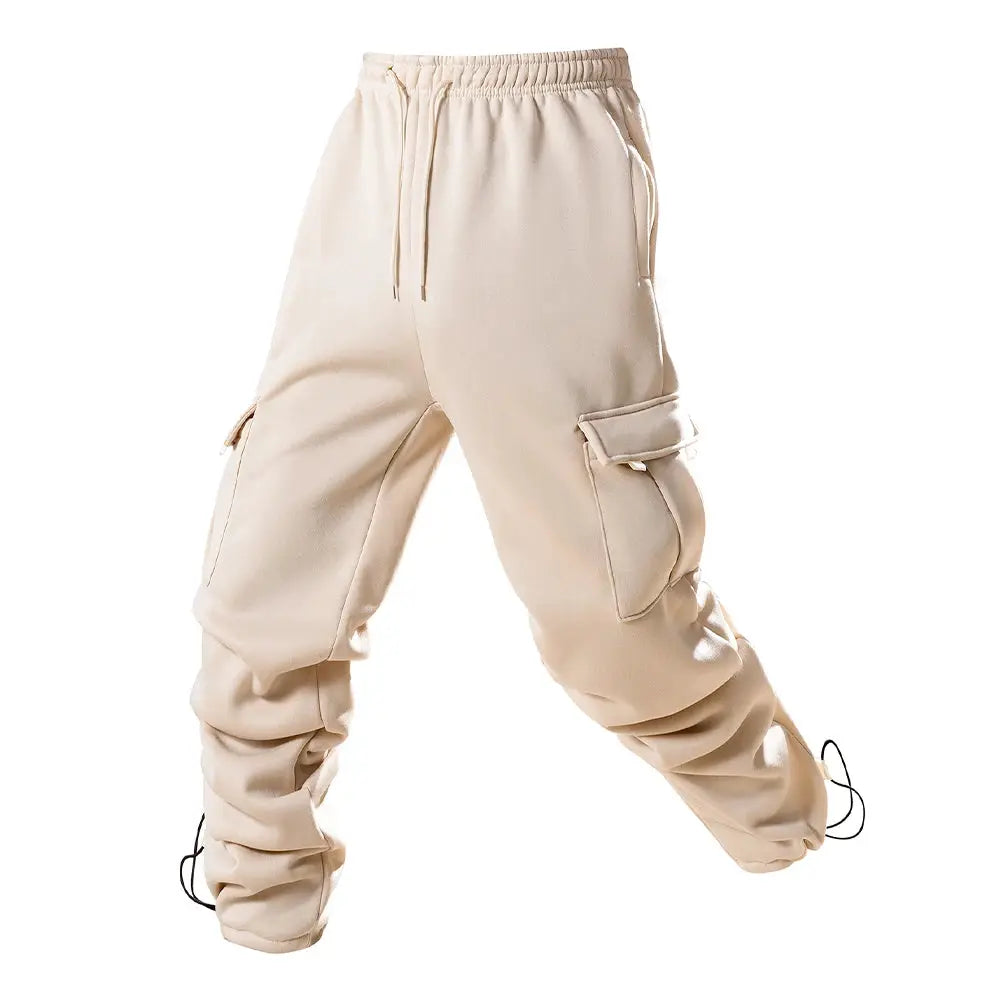 Men's beige cargo jogger pants with drawstring waist, elastic cuffs, and side cargo pockets