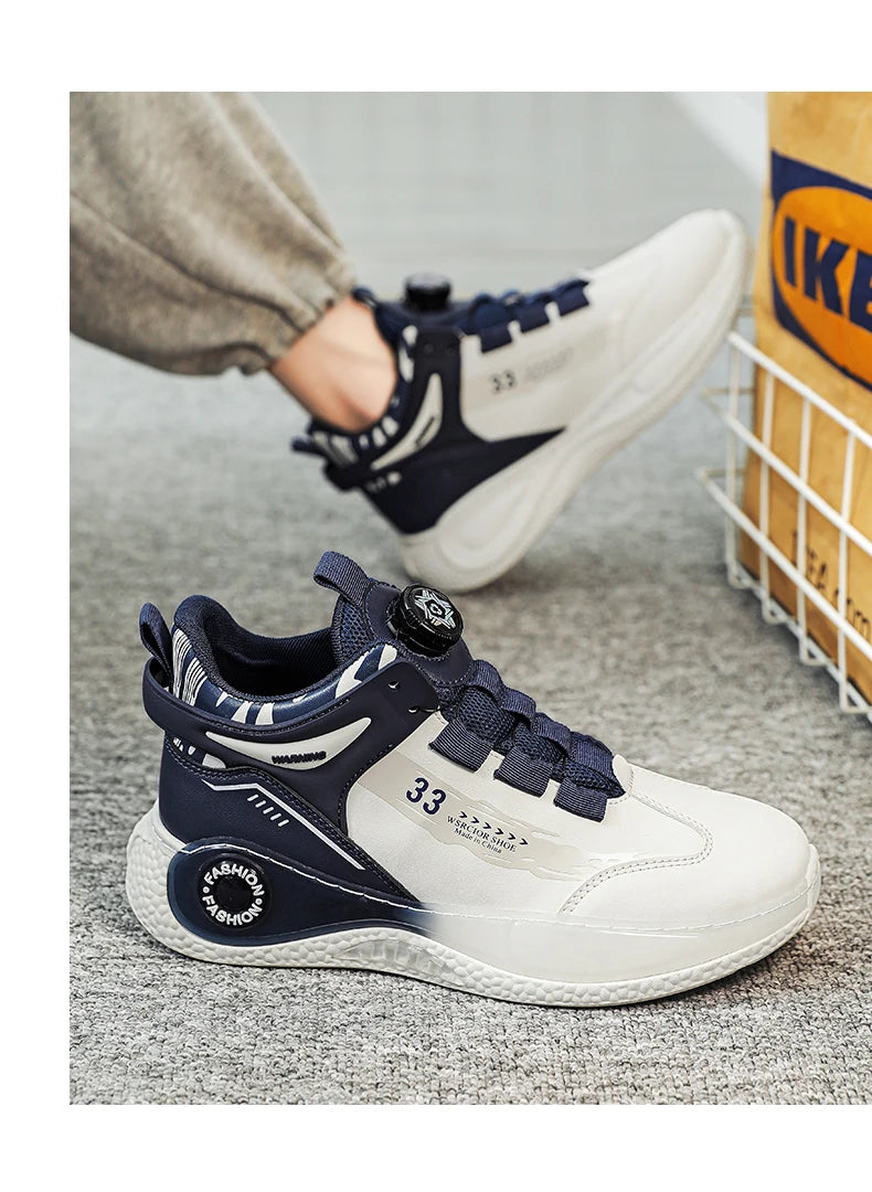 Men's sneakers with rotating dial buckle, navy and white non-slip outdoor shoe