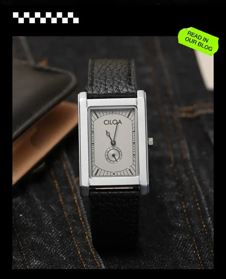 CILOA square quartz watch with black leather strap and silver case