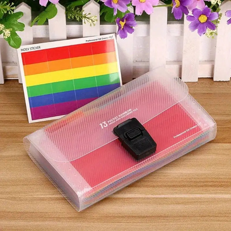 Simples Market A6 expanding file organizer, pink translucent 13-pocket accordion folder with button closure