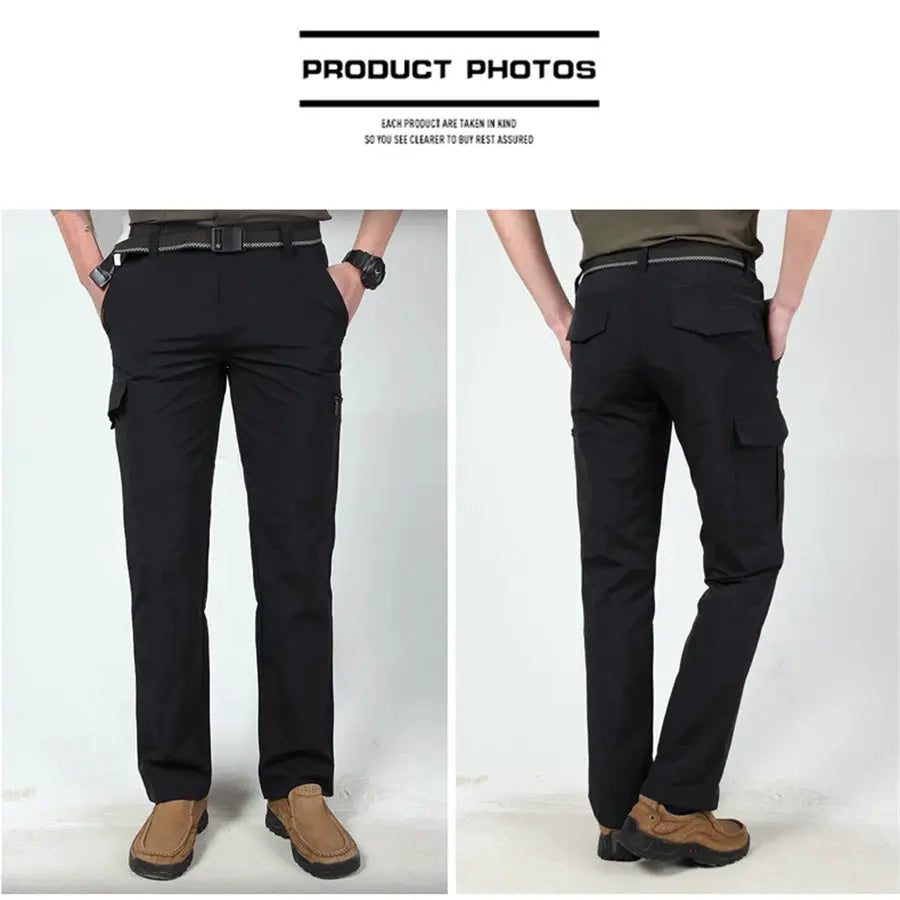 Men's tactical cargo pants by Simples Market, black waterproof quick-dry, outdoor military style, 2 views