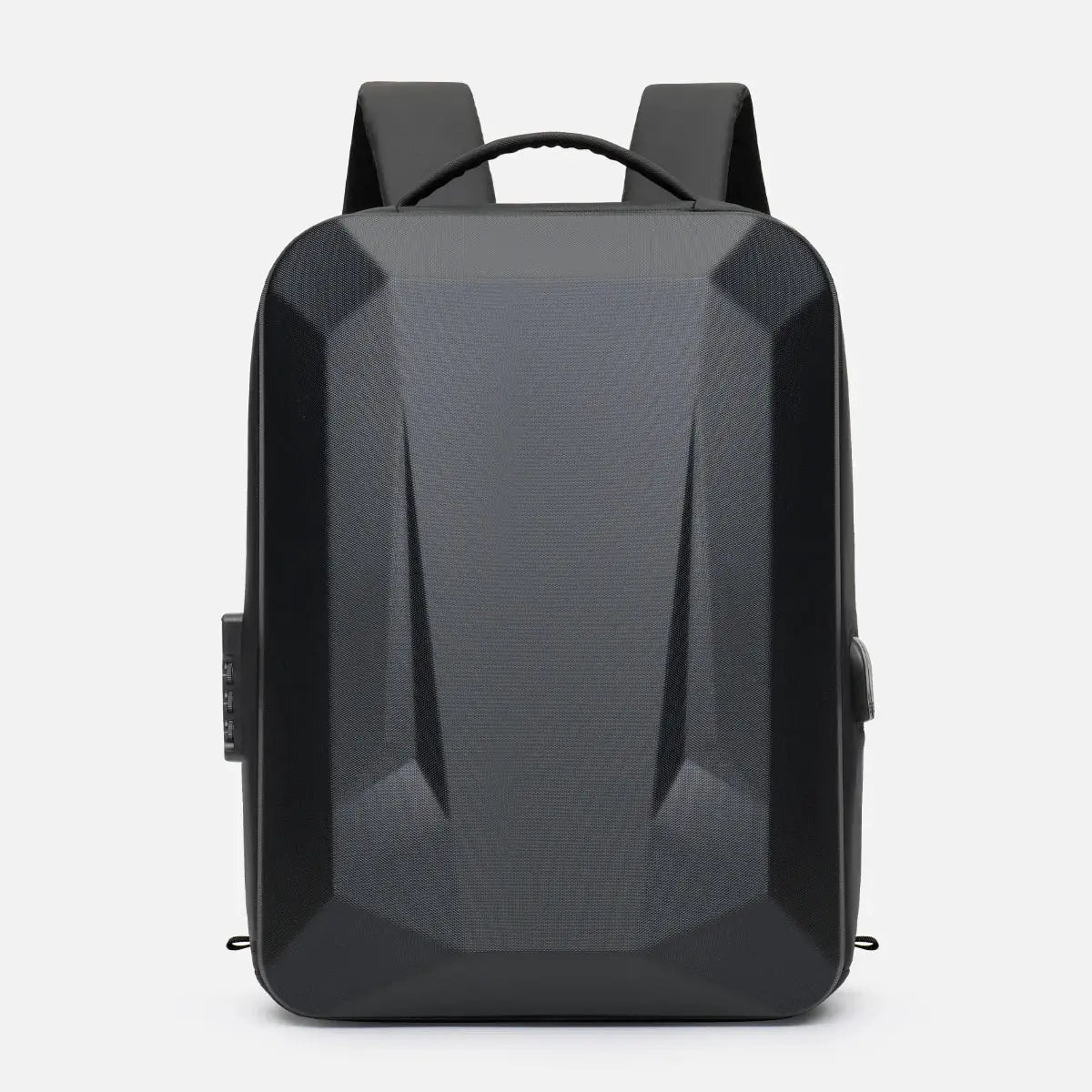 Hard-shell black backpack by Simples Market, men's laptop travel bag with top handle.