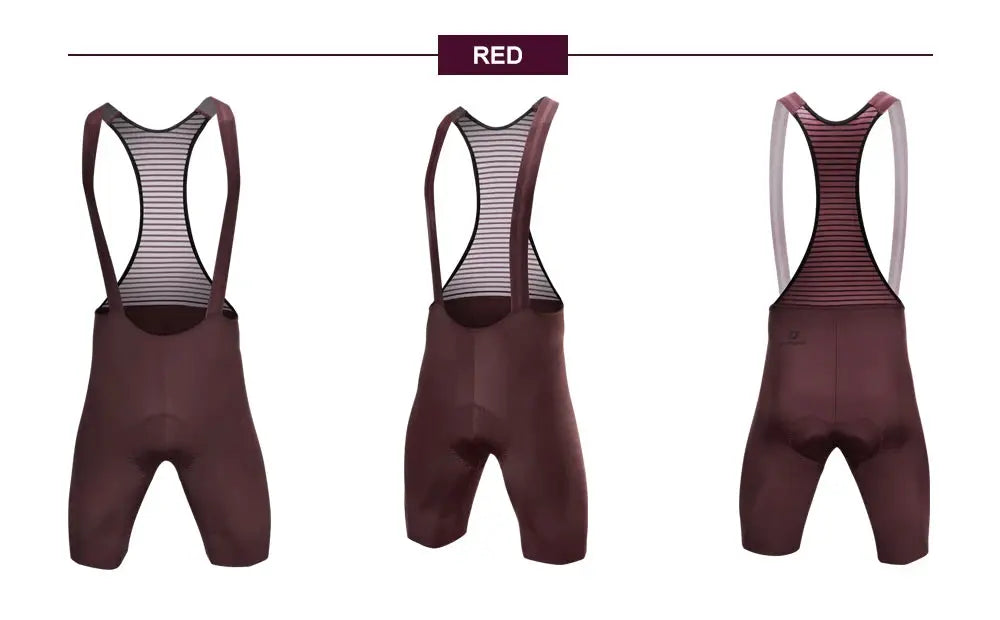 DAREVIE men's red cycling bib shorts with striped mesh back, 4-way stretch