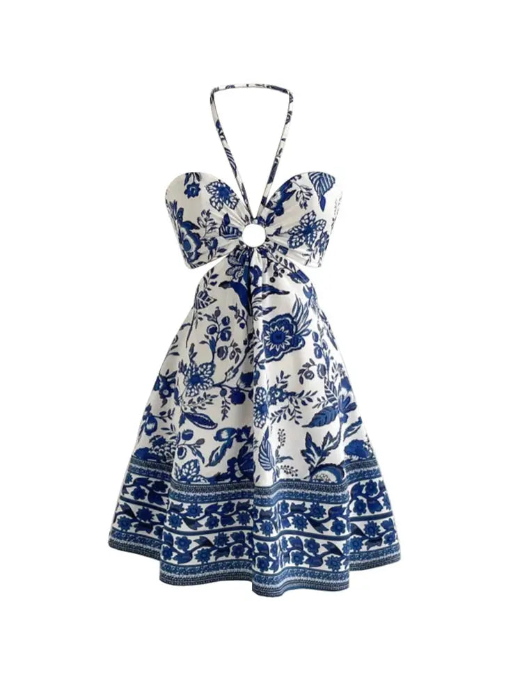 AzureVoyage Romantic Floral Print Halter Neck Dress Flattering A Line Silhouette For Effortless Vacation Style