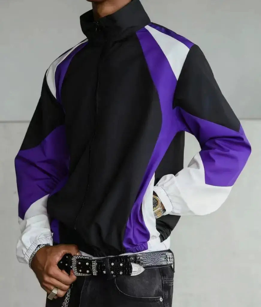 Men's color-blocked jacket by Simples Market; lightweight windproof casual outerwear in black with purple and white panels