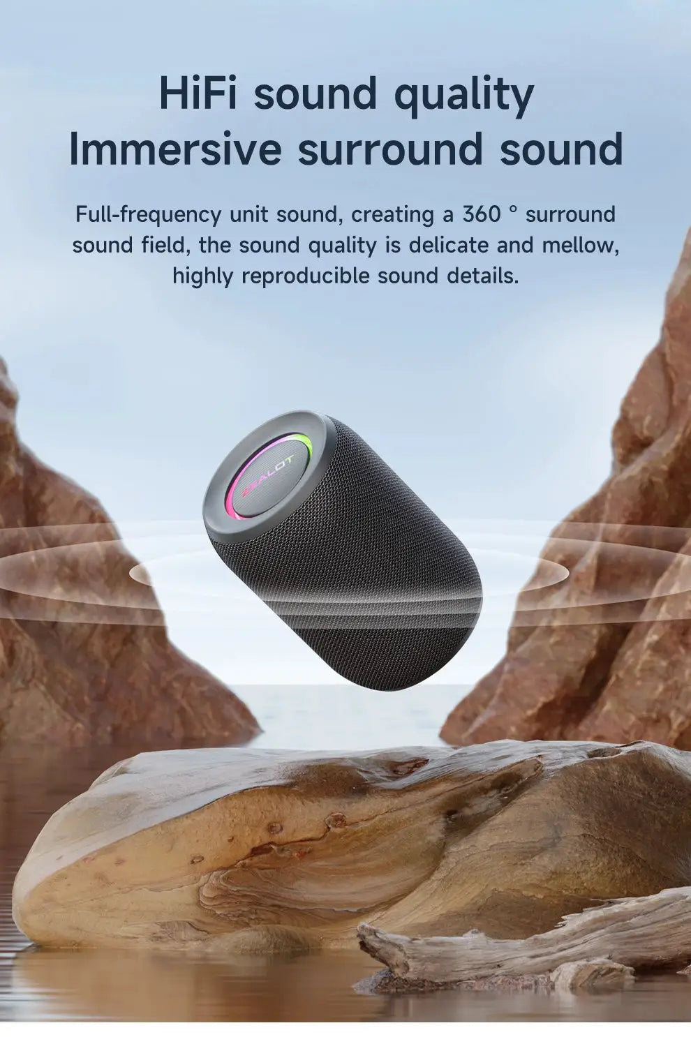 ZEALOT-S32PRO portable Bluetooth speaker by Simples Market, black cylindrical speaker with RGB LED ring.