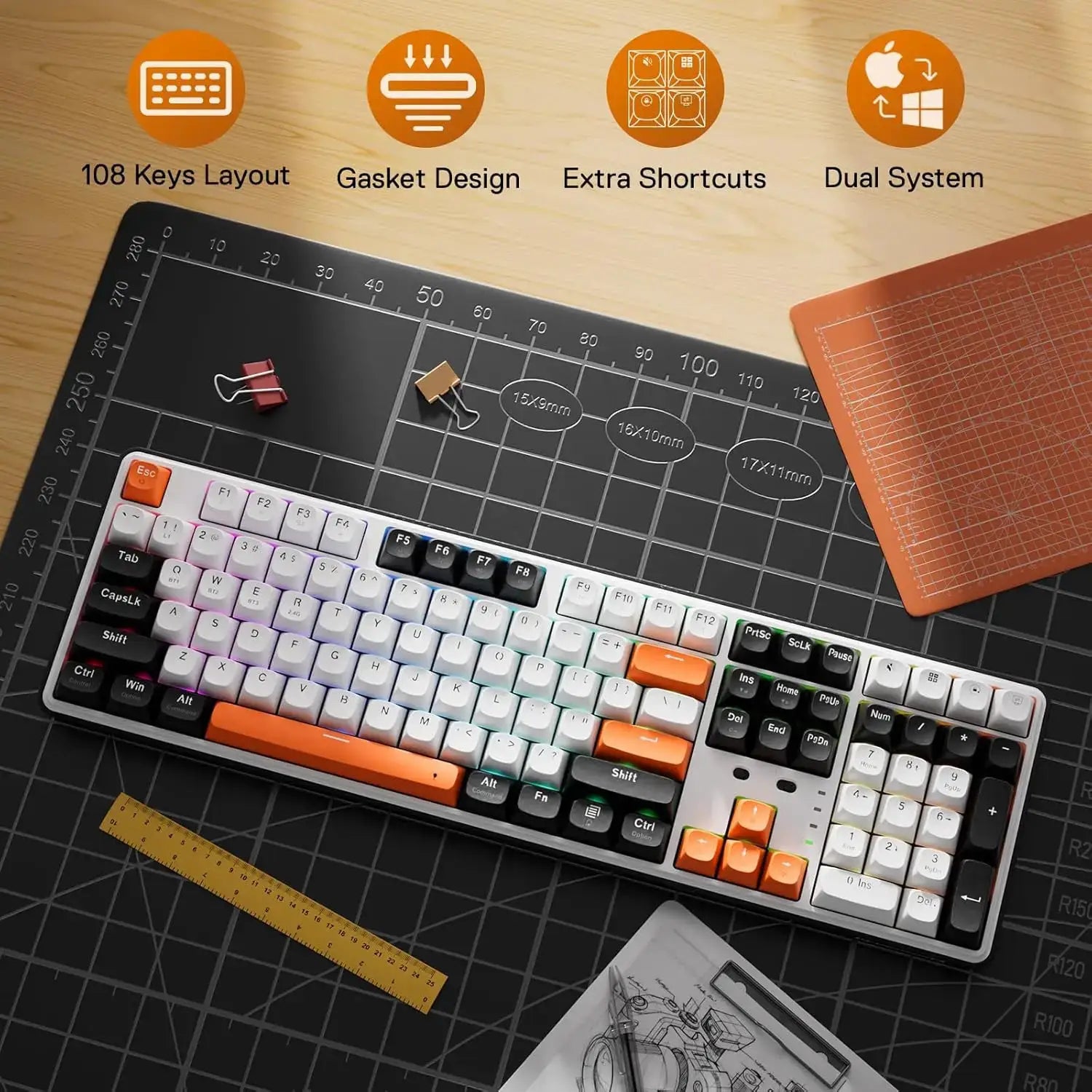 Redragon K689 PRO wireless gasket RGB mechanical keyboard, 108 keys, 4 hotkeys, white with orange accents