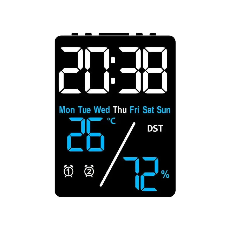 Multifunctional large-screen digital alarm clock in black with blue day indicators, 26°C and 72% humidity